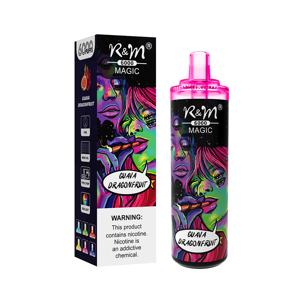 USA UK Brand personnalisé OEM LOGO RVB LUMIÈRE MAIS RECHARGable Coil 6000puffs R&M Magic Disposable Vape